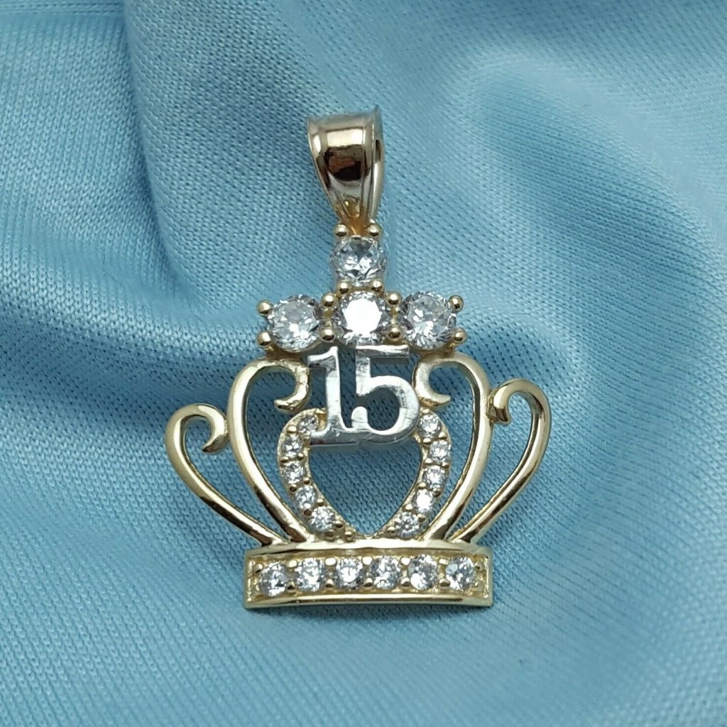 14k Multi Tone Two Tone Cubic Zirconias Quinceanera Crown Tiara 15 Pendant Charm